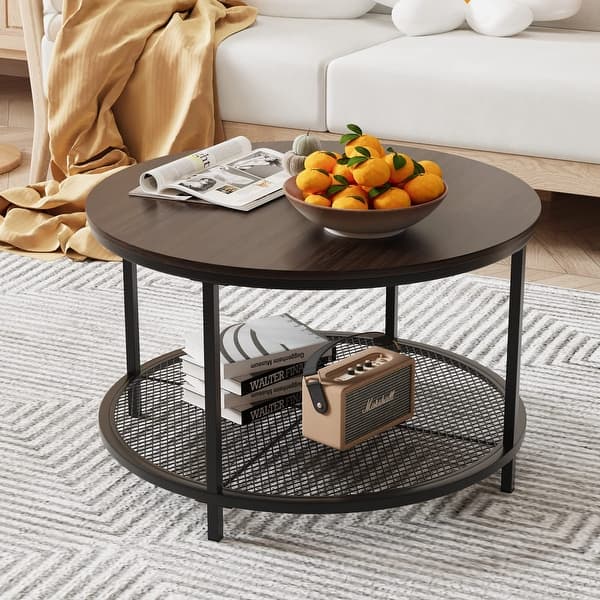 31.5" Round Coffee Table Espresso Color, Industrial 2Tier Circle